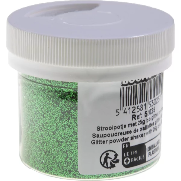 Strooipotje met 25g bio glitter poeder groen