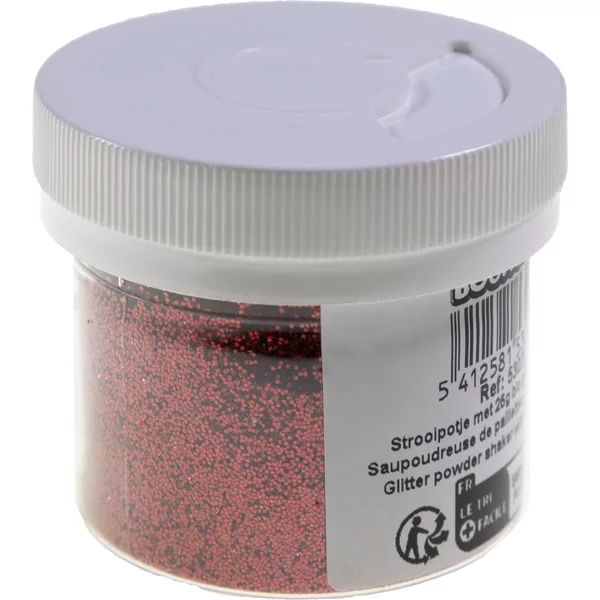 Strooipotje met 25g bio glitter poeder rood