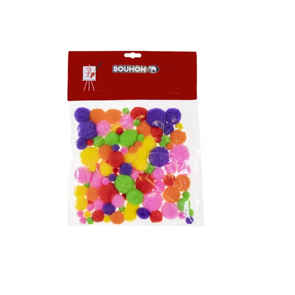 Zakje met 100 pompons levendige kleuren, versch. maten